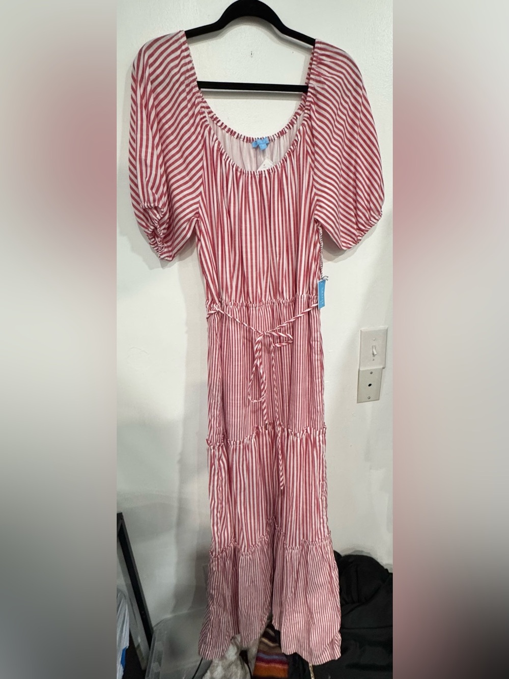 Draper James Red and White Striped Tie-Waist Puff Sleeve Maxi Dress